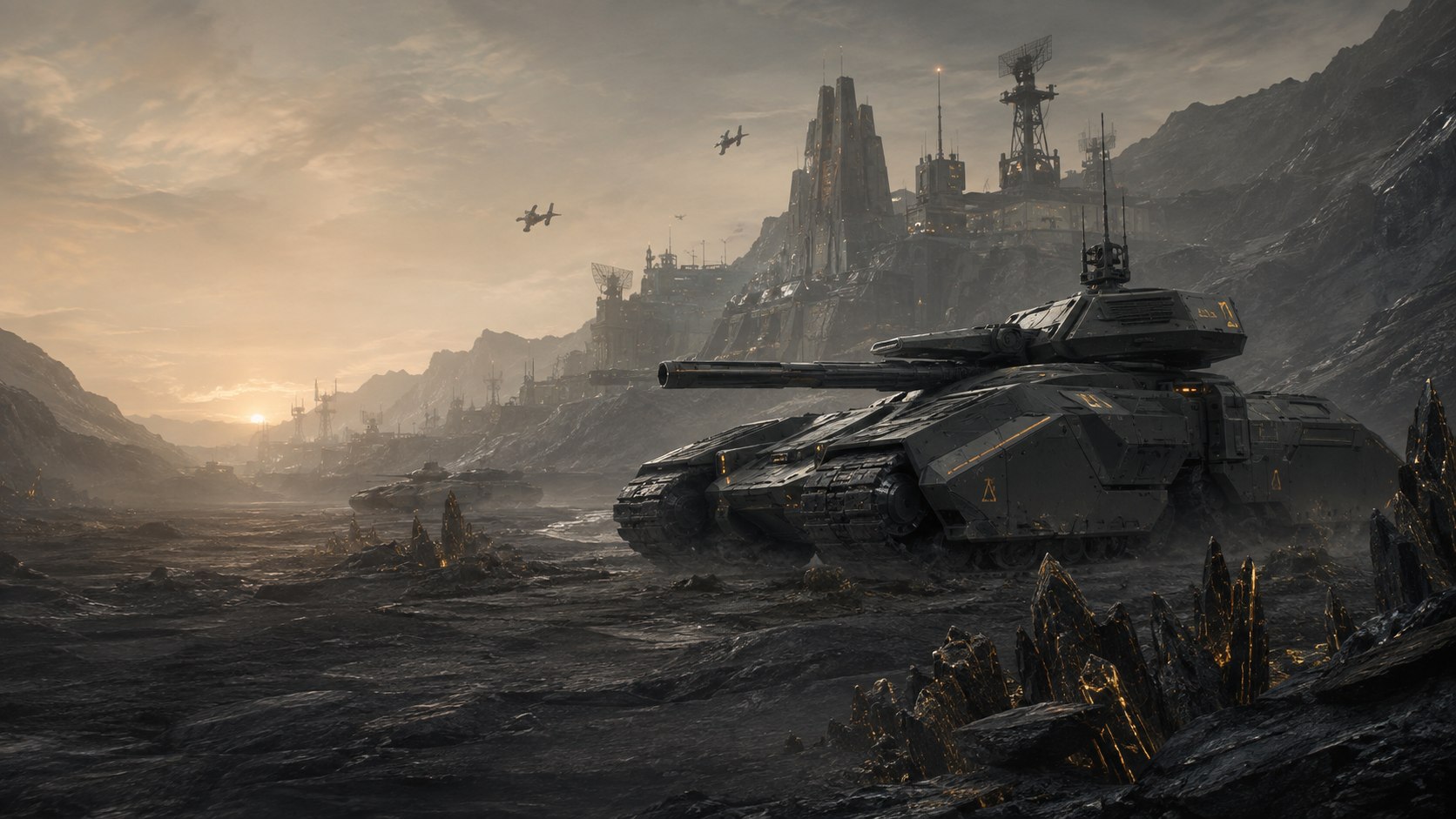 Concept art of an armored column overlooking an industrial base in a vast rocky valley.