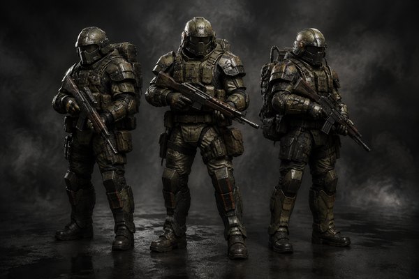Foundry concept art: Three infantry soldiers in practical refurbished armor carrying original conventional rifles and heavy field equipment.