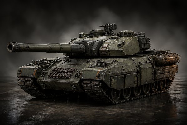 Foundry concept art: Heavy workhorse tank with broad tracks, welded armor, spare track links and a substantial conventional main gun.