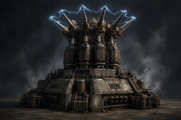 Foundry concept art: Industrial electrical-discharge defense tower with heavy induction terminals, transformers and capacitor housings.