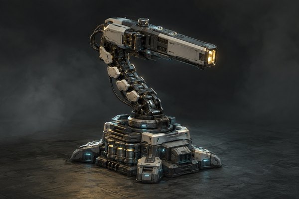 Meridian concept art: Articulated coherent-energy defense tower with a focused emitter, capacitor banks and cooling assemblies.