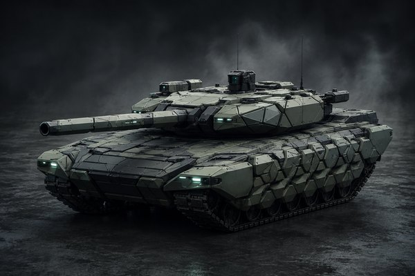 Mosaic concept art: Low-profile formation tank with tessellated modular armor, symmetric sensors and a compact precision turret.