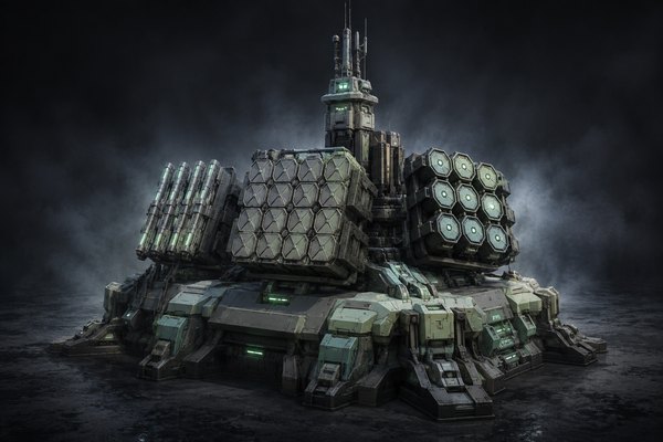 Mosaic concept art: Reconfigurable defense array with three modular emitter groups, segmented panels and a command-relay mast.