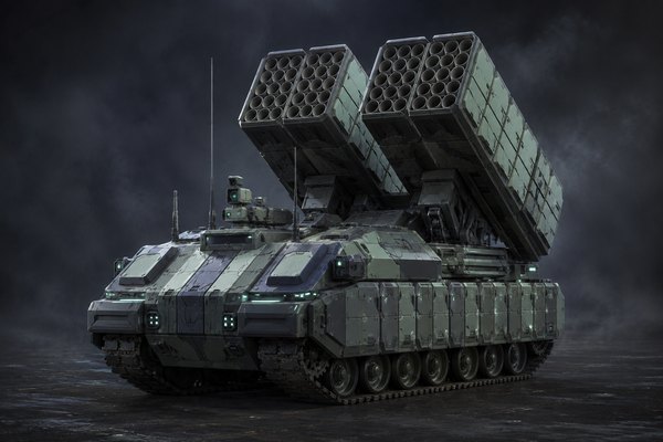 Mosaic concept art: Mobile rocket artillery with tessellated rectangular launch pods, formation sensors and modular armor.