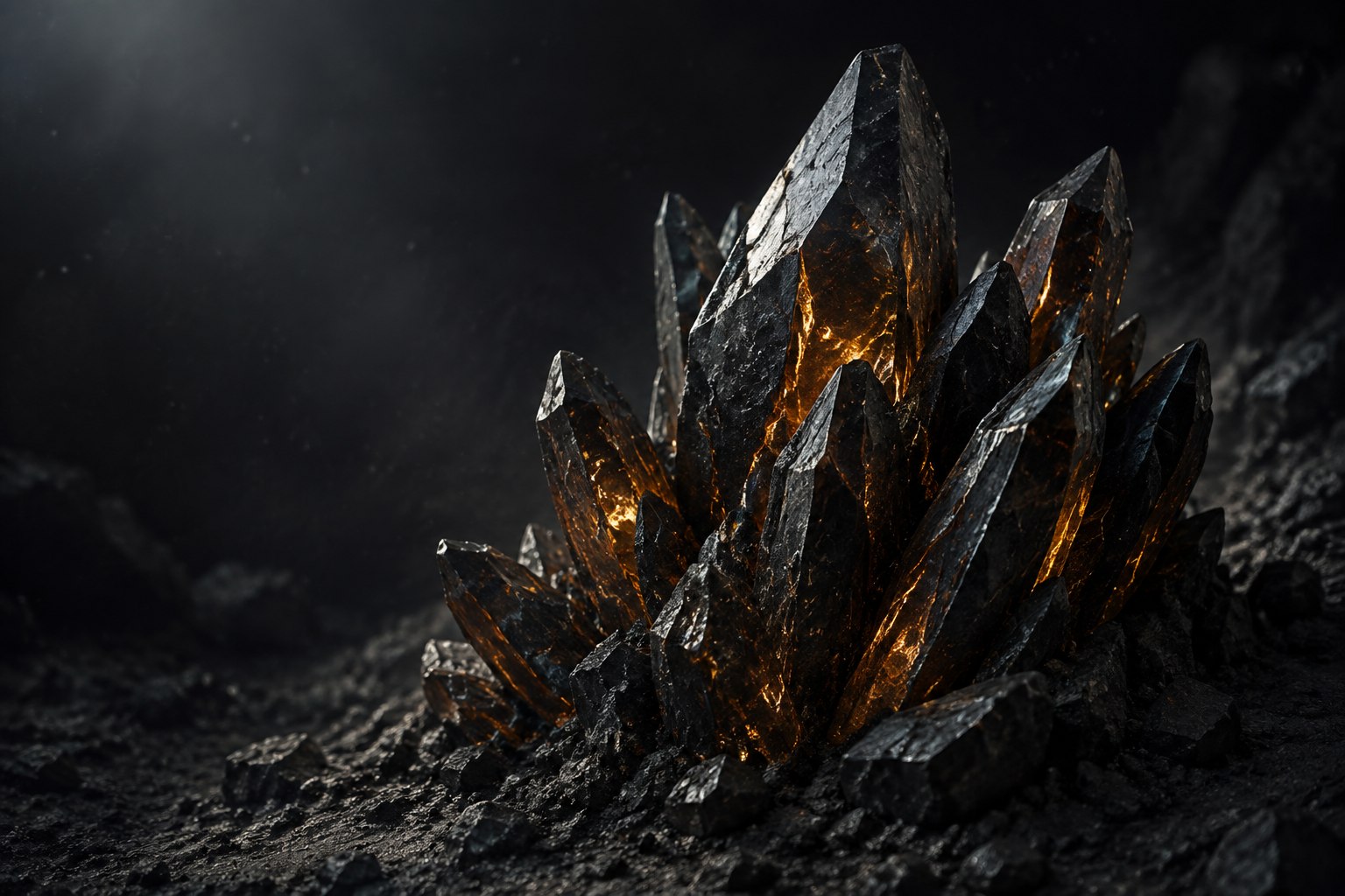 Lattice-9 concept art: black crystalline shards with glowing amber-gold internal veins.